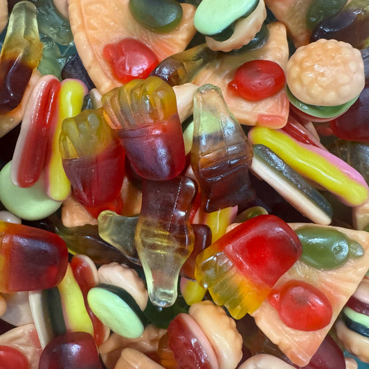 Fastfood Mix Snoep – Gummy Pizza, Hamburgers, Hotdogs & Cola Flesjes