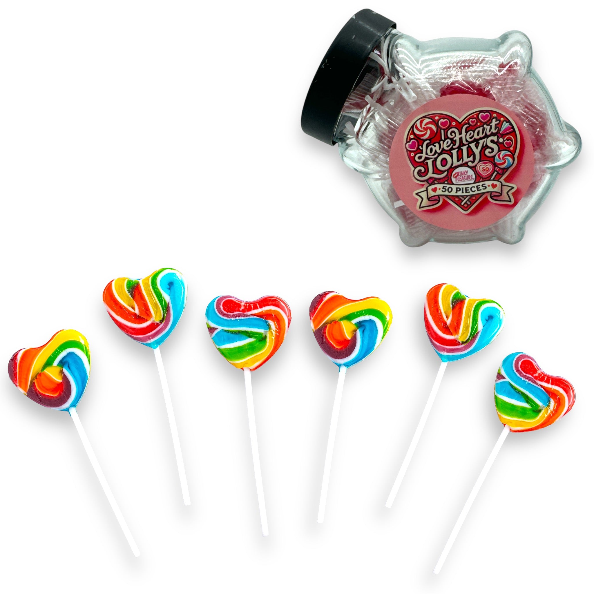 50 Regenboog Lollies in Hartvorm – Zoet en Kleurrijk Snoep in Pot