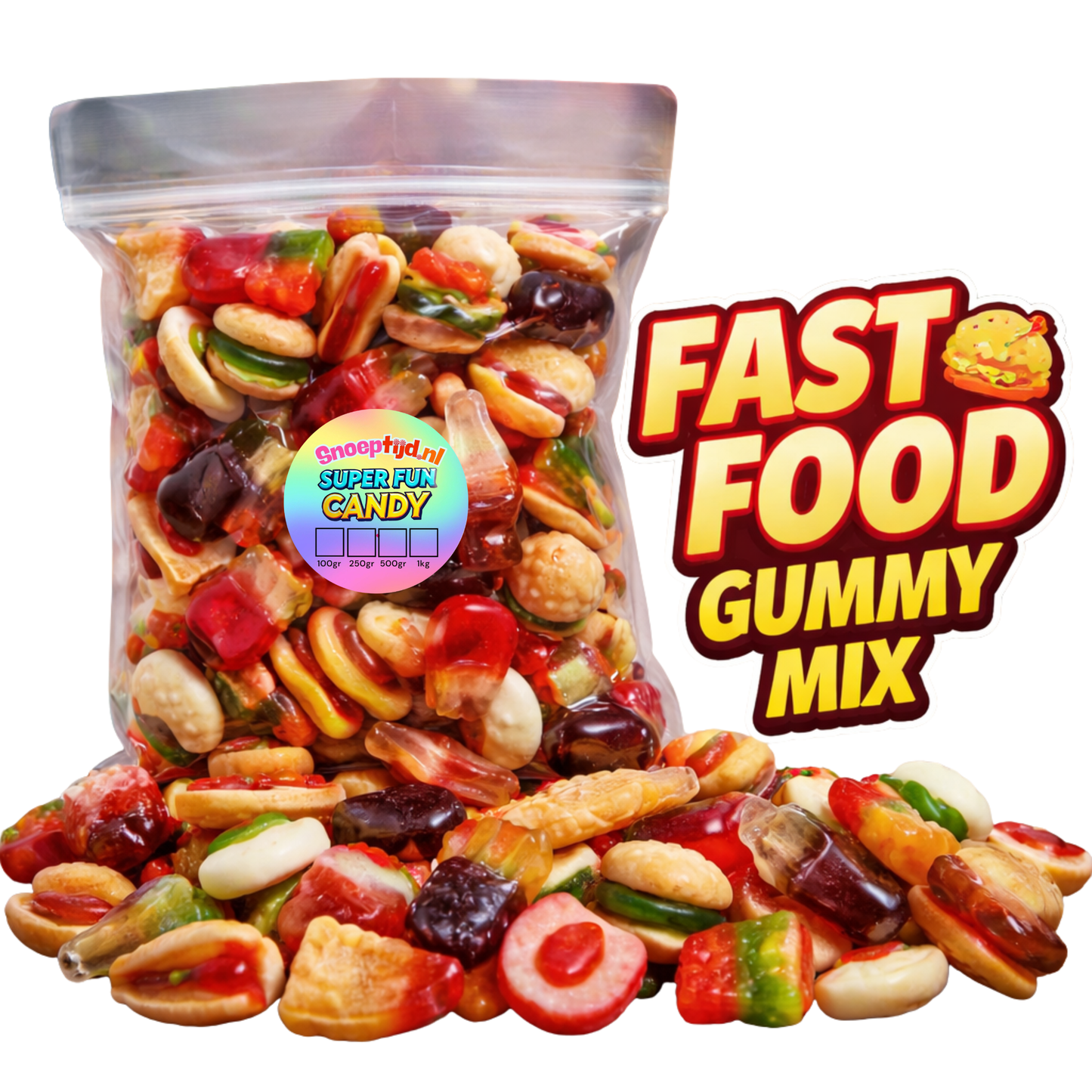Fastfood Mix Snoep – Gummy Pizza, Hamburgers, Hotdogs & Cola Flesjes